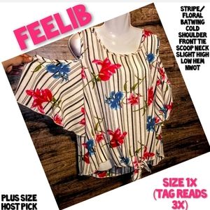 Feelib Top Stripe Floral Cold Shoulder Size 1X